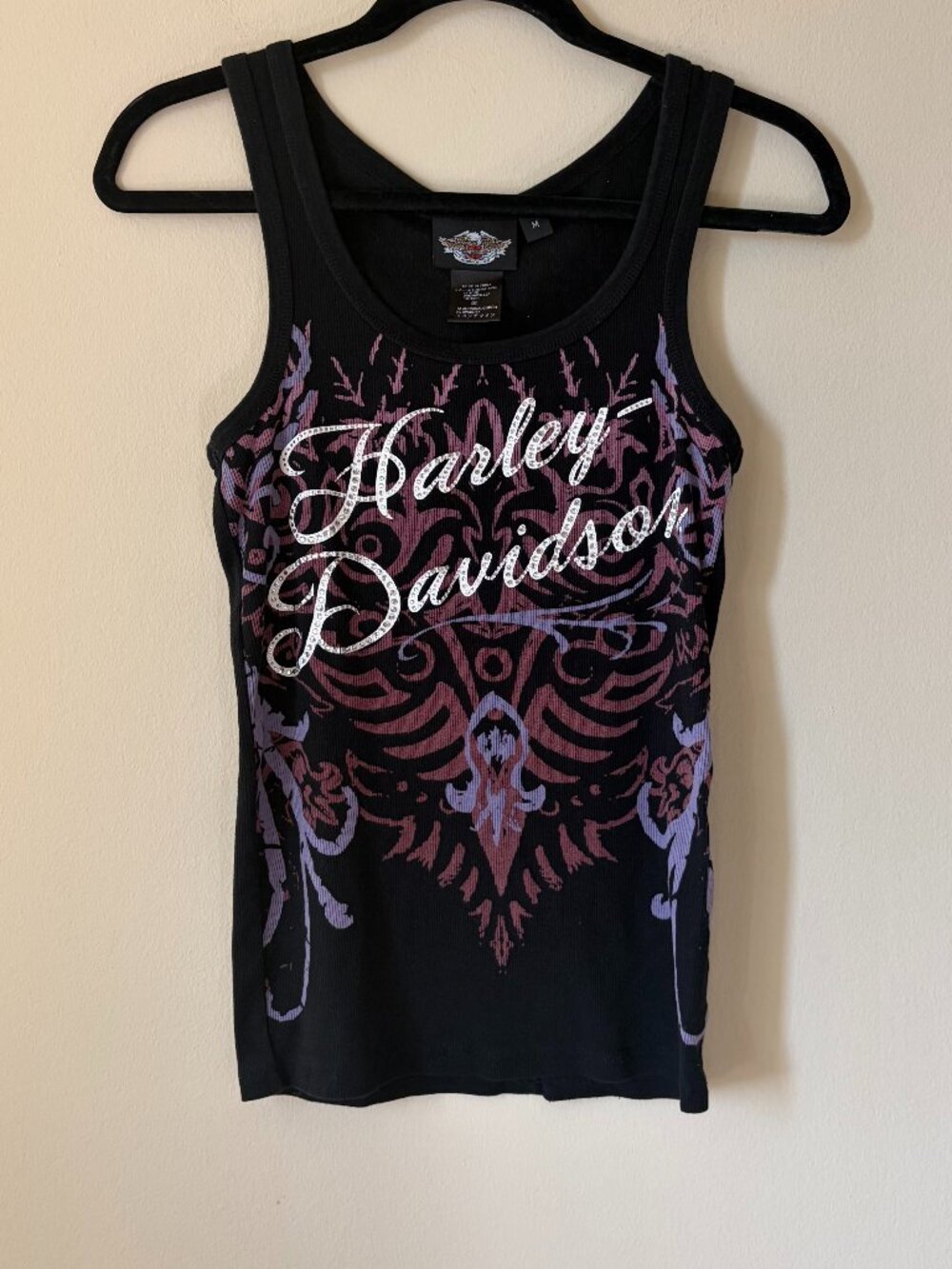 Harley Davidson Rhinestone Graphic Ribbed Tank Top Black Purple Medium M